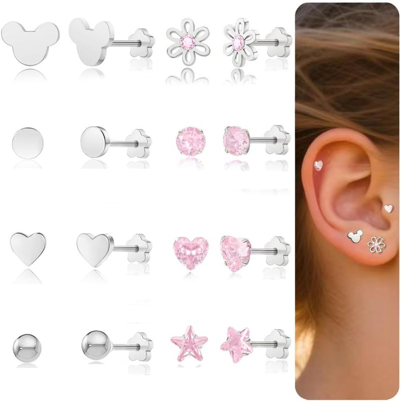 DALI Hypoallergenic 14K Gold Earrings for Girls Women, Toddler Screw Back Baby Earrings for Sensitive Ears Silver Kids Earrings Cute Flower Heart Star Ball Dot Mouse Titanium Flat Back Stud Earring Sets - Image 1